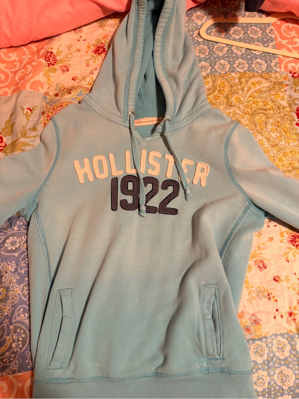 Hollister Light Blue Pullover Hoodie with Navy Embroidery